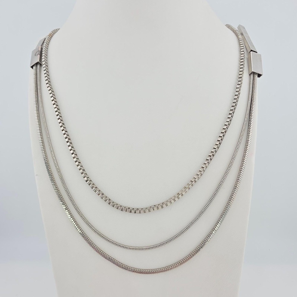 ETC! Long Layered Necklace Geometric Bar Cascading Chains Silver Tone 44"